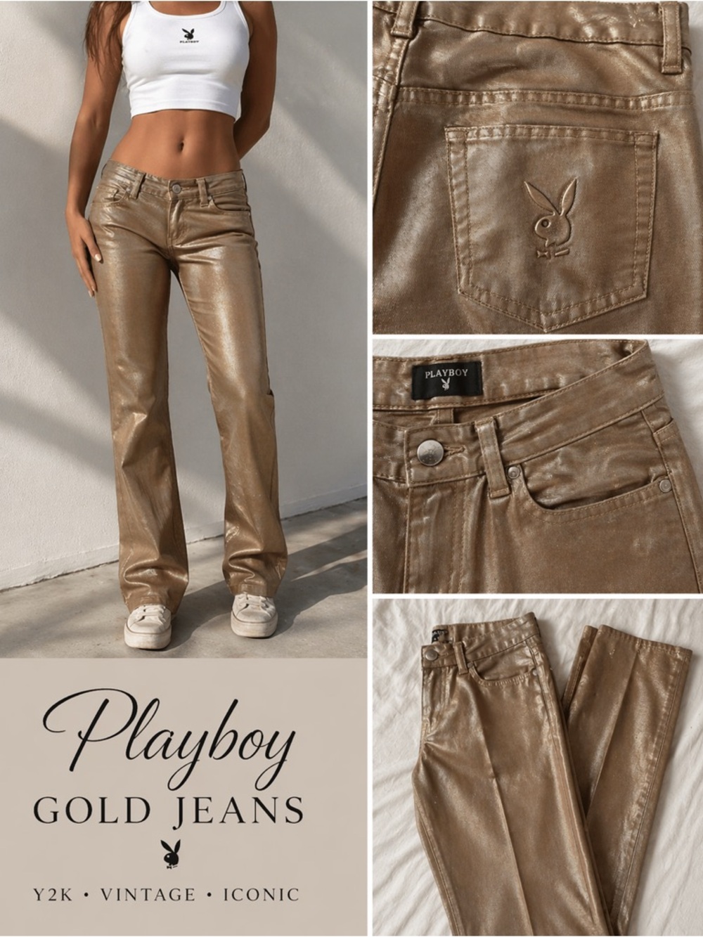Playboy Women's Metallic Gold Jeans - Y2K Vintage Style